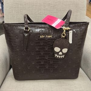 NEW Betsey Johnson Dark Brown Skull Tote Handbag